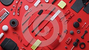 Flat lay of various black and red tools and gadgets on a red background