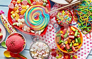 Assorted, colourful kids party sweets and candy