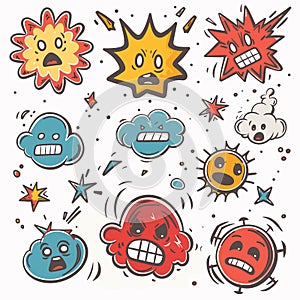 Assorted comic style expressions colorful characters grimacing, shocked, screaming. Cartoon clouds