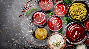 Assorted Condiments and Sauces Spread on Rustic Tabletop