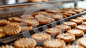 Assorted cookies on baking sheet in oven. Close-up food photography with copy space