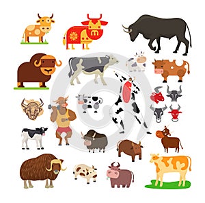 Assorted cow breeds styles including cartoon realistic representations. Bovine collection various