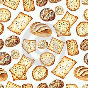Assorted Crackers and Bread on White Background