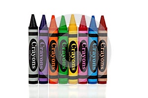 Assorted crayons on a white background