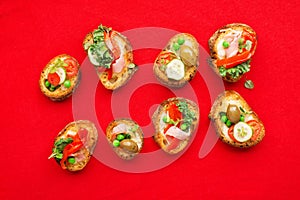 Assorted crostini canapes with cottage cheese, baked capsicum, cucumber slices, bacon, tomatoes, green peas on a festive