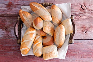 Assorted crusty fresh bread rolls in a basket