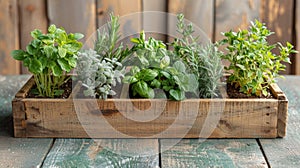 Assorted Culinary Herbs in Wooden Crate