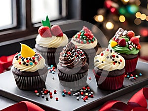 Assorted cupcakes with candy, fruits and sugar sprinkles