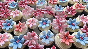 Assorted cupcakes on tray with colorful edible flower decorations for sweet dessert display