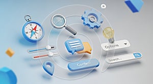 Assorted 3D digital icons floating against a gradient background. Notable items