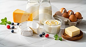 Assorted dairy products displayed on a white marble surface include a wedge of Swiss cheese, a