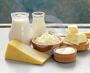 Assorted dairy products milk, yogurt, cottage cheese, sour cream