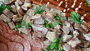 Assorted Deli Cold Meats on a plate. Selective focus. Catering concept. Authentic lifestyle image