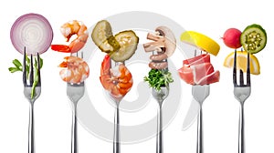 Assorted Delicious Appetizers on Forks Isolated on White. Simple Presentation of International Cuisine. Appetizing