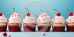 Assorted delicious cupcakes with pink and white frosting decorated with sprinkles and a cherry on a pastel blue background