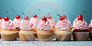 Assorted delicious cupcakes with pink and white frosting decorated with sprinkles and a cherry on a pastel blue background