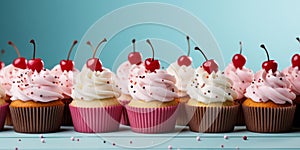 Assorted delicious cupcakes with pink and white frosting decorated with sprinkles and a cherry on a pastel blue background