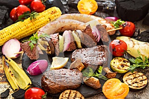 Assorted delicious grilled barbecue meat with vegetable. Beef gr