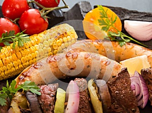 Assorted delicious grilled barbecue meat with vegetable. Beef gr