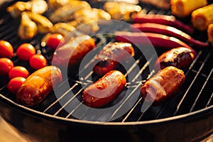Assorted delicious grilled meat with grilled vegetables, barbecue with smoke and flame