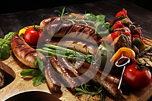 Assorted delicious grilled meat with vegetable on a barbecue. Grilled pork shish or kebab on skewers with vegetables . Food