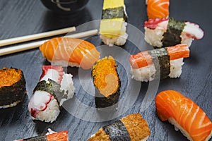 Assorted delicious sushi serving on the table