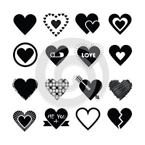 Assorted designs of black silhouette hearts icons set