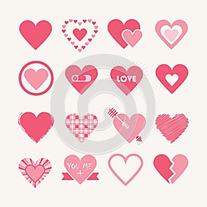 Assorted designs of pink hearts icons set