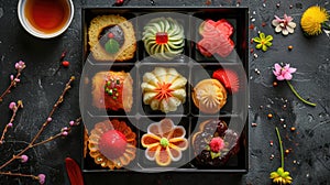 Assorted desserts box with spring flowers. Gourmet patisserie sampler for Easter celebration