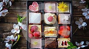 Assorted desserts box with spring flowers. Gourmet patisserie sampler for Easter celebration