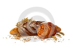 Assorted different fresh baked bread, dark and white whole grain loaves, wheat ears and wheat grain on a white background