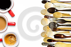 Assorted different kitchen wooden utensils cutlery, cup coffee