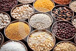 Assorted different types of beans and cereals grains. Set of indispensable sources of protein for a healthy lifestyle. Close-up.