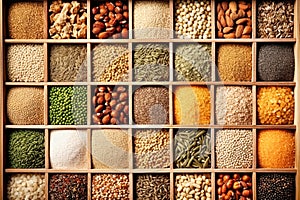 Assorted different types of beans and cereals grains. Set of indispensable sources of protein for a healthy lifestyle. Close-up.