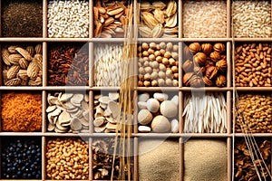 Assorted different types of beans and cereals grains. Set of indispensable sources of protein for a healthy lifestyle. Close-up.