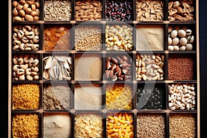 Assorted different types of beans and cereals grains. Set of indispensable sources of protein for a healthy lifestyle. Close-up.