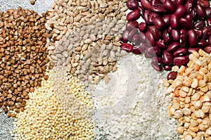 Assorted different types of beans and cereals grains. Set of indispensable sources of protein for a healthy lifestyle, top view