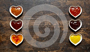 Assorted dips and sauces in a double banner photo