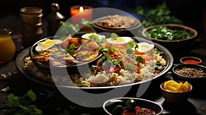 Assorted Dishes of Arabic Cuisine Middle Eastern Traditional Lunch Selective Focus Background