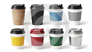 Assorted disposable coffee cups in various colors