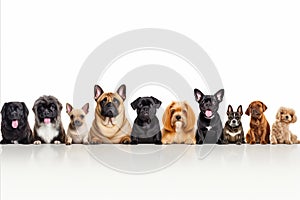 Assorted dogs of different breeds, big and small, isolated on white background, studio shot