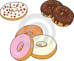 Assorted donuts with chocolate frosted, pink glazed and sprinkles donuts.