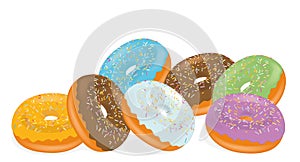 Assorted donuts with chocolate frosted, pink glazed and sprinkles donuts. vector illustration.