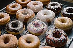 Assorted donuts displayed on kitchen table, tempting pastry delights