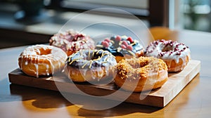 Assorted donuts with fresh fruits on wooden board displayed in a stylish and modern caf setting