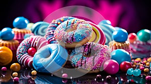 Assorted donuts with sprinkles on a black reflective background