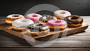 assorted donuts on wooden tray. black wooden background. AI Generated