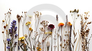 Assorted dried flowers and botanicals arranged neatly on a white surface