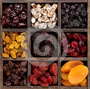 Assorted dried fruit in a printers box