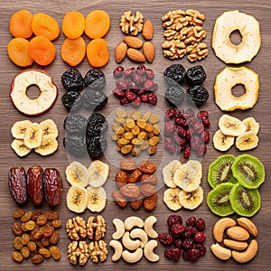 Dried fruits and nuts are neatly arranged in rows on a wooden
